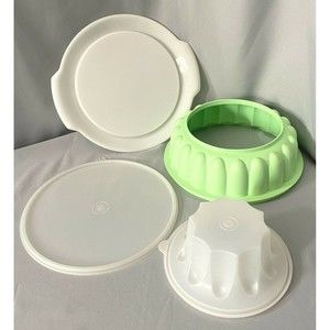 Tupperware Mint Green Jello Mold 1202-6 Lid 1203-7 Jel-N-Serve Plate 617-3 Vtge